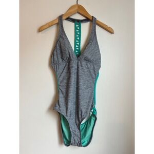 Athleta Aqualuxe One Piece Swimsuit Grey Teal Space Dye Halter NWOT Womens S